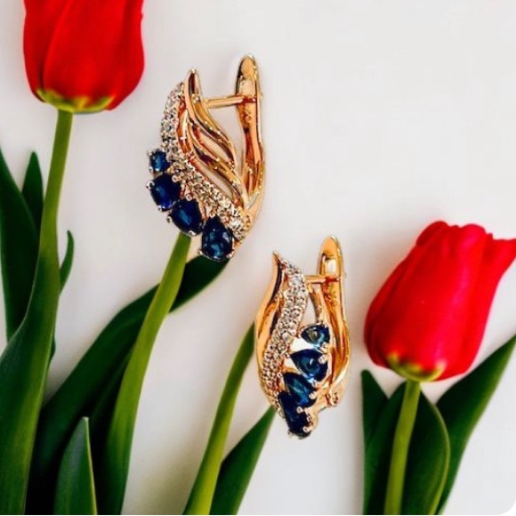 Vintage Water Drop White and Blue Cubic Zircon Rose Gold Plated Women Earrings - Picture 2 of 5